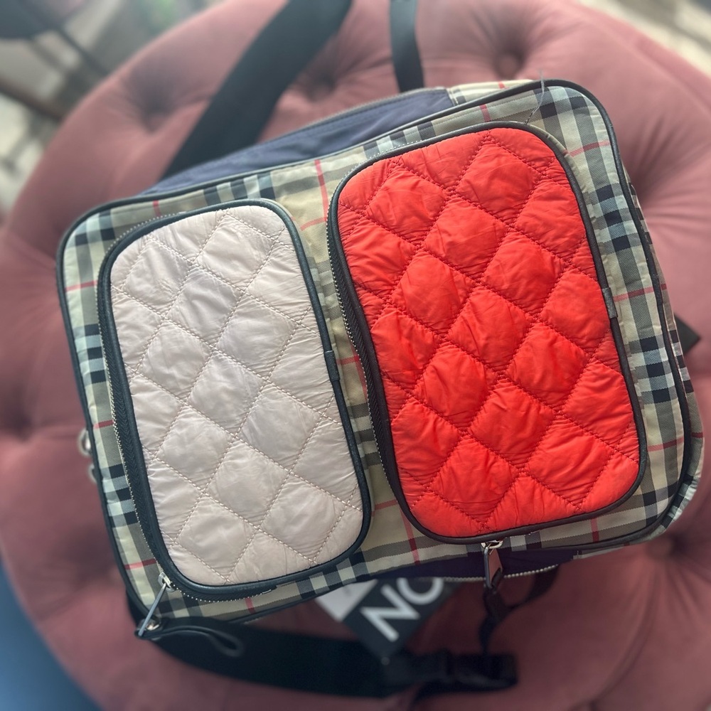 Burberry Checkered Backpack with Red and Cream Quilted Pockets